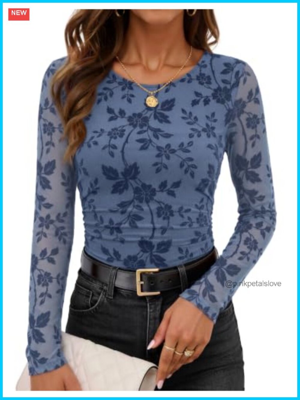 Women's Floral Mesh Blouse Long Sleeve Ruched Waist Dressy Casual Top